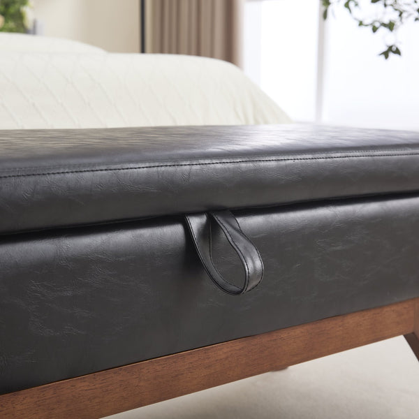 English Elm COOLMORE Teddy fabric storage bench with solid wood feet, hidden compartment for tidy bedroom organization Black PU W1539P242727