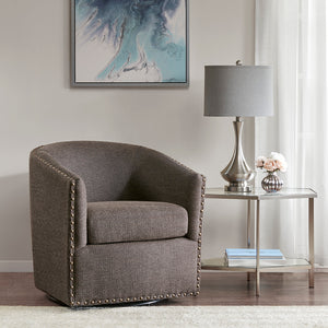 JLA Home Madison Park - Upholstered Swivel Barrel Chair with Nailheads and 360° Metal Base, Plush Foam Cushion, Versatile Elegance Chocolate MP103-0481
