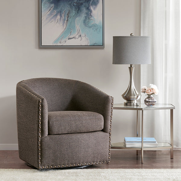 JLA Home Madison Park - Upholstered Swivel Barrel Chair with Nailheads and 360° Metal Base, Plush Foam Cushion, Versatile Elegance Chocolate MP103-0481