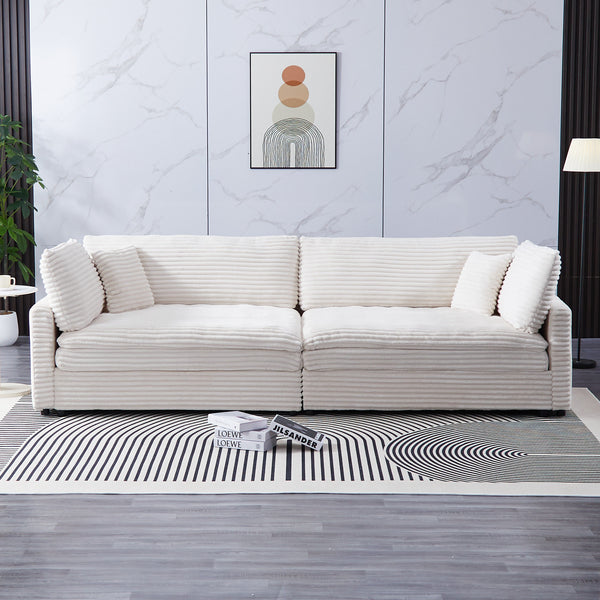 English Elm The 112-inch Corduroy Sofa in Beige with Two Pillows, Solid Wood Frame, S-Spring Comfort for 4-seat Living Room W3371S00006