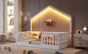 English Elm Twin Montessori Floor Bed House Frame with Led Lighting and Safety Rails for Kids White W2593P440594