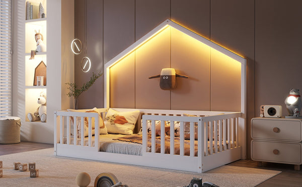 English Elm Twin Montessori Floor Bed House Frame with Led Lighting and Safety Rails for Kids White W2593P440594