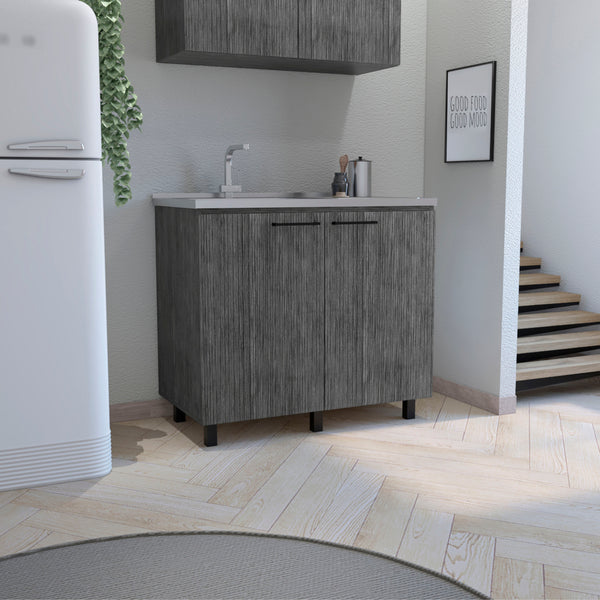 English Elm Napoles Gray Utility Sink Cabinet with Stainless Steel Countertop, Interior Shelf, Durable Legs, No Faucet Included B070S00309