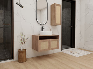 English Elm 30" Wall Mounted Bathroom Vanity Oak Finish Ceramic Art Sink Soft Close Storage W999S00495