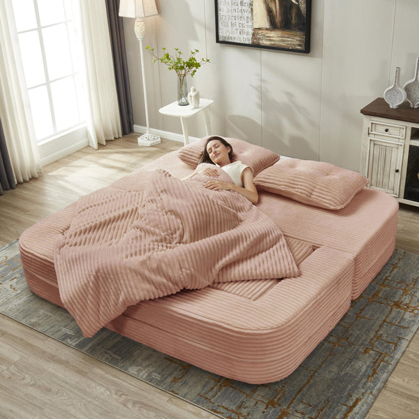English Elm Multi Functional Sectional Sofa Bed Plush Corduroy Convertible 80" King Sleeper with Chaise, Deep Fluff Pink W3219P339466