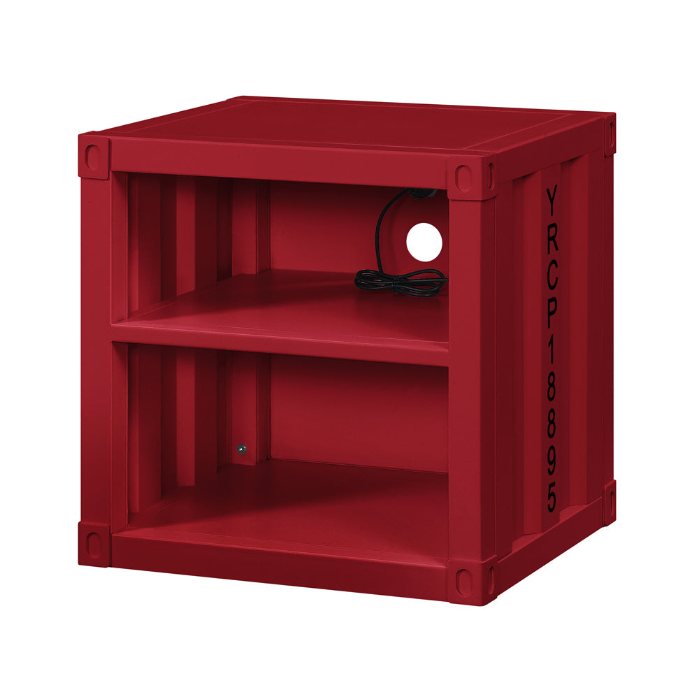 English Elm Cargo Red Industrial Nightstand with USB Ports, Iron Cargo-Style Metal Storage, Rugged Modern Design B2726P255733