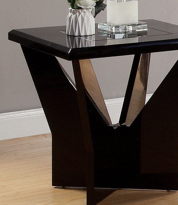 English Elm Contemporary High Gloss End Table with Black Tempered Glass & Geometric Metal Base, Modern Accent Piece B2741P360139