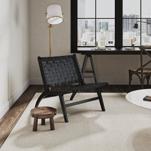 English Elm Maintenon Wood Vegan Leather Accent Chair with Woven Faux Seat, Solid Ash Legs, Comfortable Low-Profile Design Black B365P398414