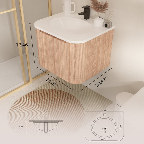 English Elm Arcora 24 Inch Curved Wall-Mount Bathroom Vanity with Integrated Cultured Marble Sink, Soft-Close Drawer, Natural Wood Texture W3235P336171