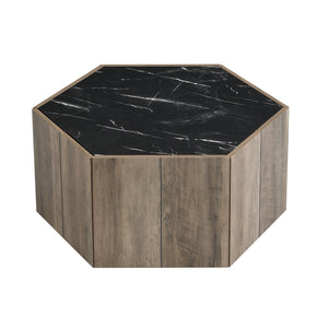 English Elm Christopher Knight Home® - Hexagonal Rustic Retro Wood Coffee Table with 2 Hidden Drawers, Textured Marble Tops, Oak Finish Black,Light Brown N770P309823L