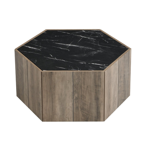 English Elm Christopher Knight Home® - Hexagonal Rustic Retro Wood Coffee Table with 2 Hidden Drawers, Textured Marble Tops, Oak Finish Black,Light Brown N770P309823L