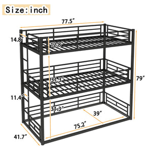 English Elm Twin Triple Metal Bunk Bed Matte Powder Coated Frame with Full Safety Guardrails Black W1580S00578