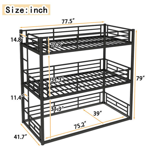 English Elm Twin Triple Metal Bunk Bed Matte Powder Coated Frame with Full Safety Guardrails Black W1580S00578