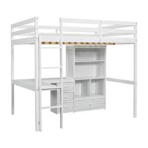 English Elm Full Size Loft Bed With Integrated Desk, Storage Shelves, Drawers & Safe Ladder - Stylish & Space-Saving W504S00161