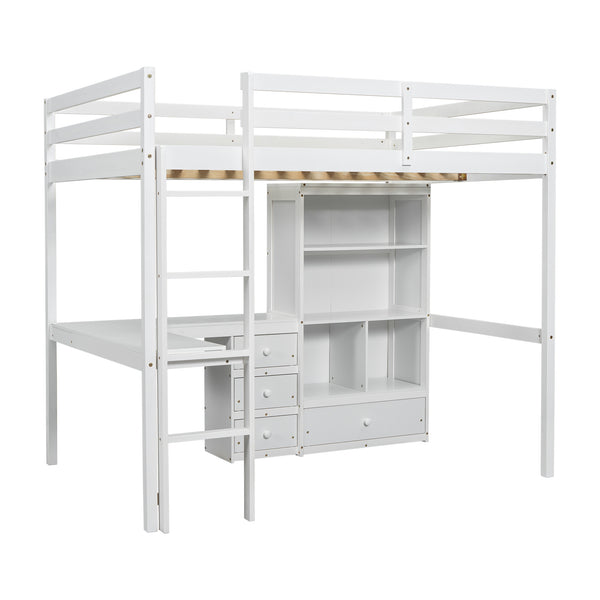 English Elm Full Size Loft Bed With Integrated Desk, Storage Shelves, Drawers & Safe Ladder - Stylish & Space-Saving W504S00161