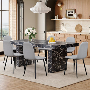 English Elm Table and Chair Set 7 Piece Marble Pattern Mdf Top with Linen Dining Seats Black,Light Gray W1151S03920