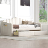 Twin Upholstered Daybed w/ 2 Drawers, Velvet Sofabed w/ USB Charging - No Box-Spring Needed, Beige