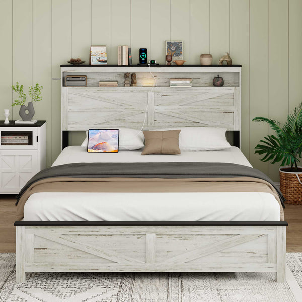 English Elm Fully Floating Bed Frame Antique White+Gray with LED Lights, Hidden Storage, Charging Station, Solid Wood Platform W636P317329
