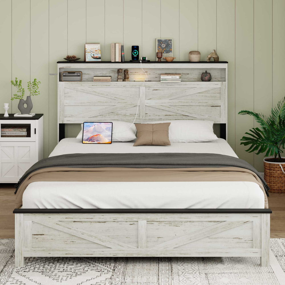 English Elm Queen Metal-Wood Platform Bed with LED Headboard, USB Charging, Hidden Storage, Antique White-Gray W636P317331