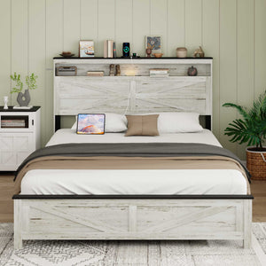 English Elm Queen Metal-Wood Platform Bed with LED Headboard, USB Charging, Hidden Storage, Antique White-Gray W636P317331