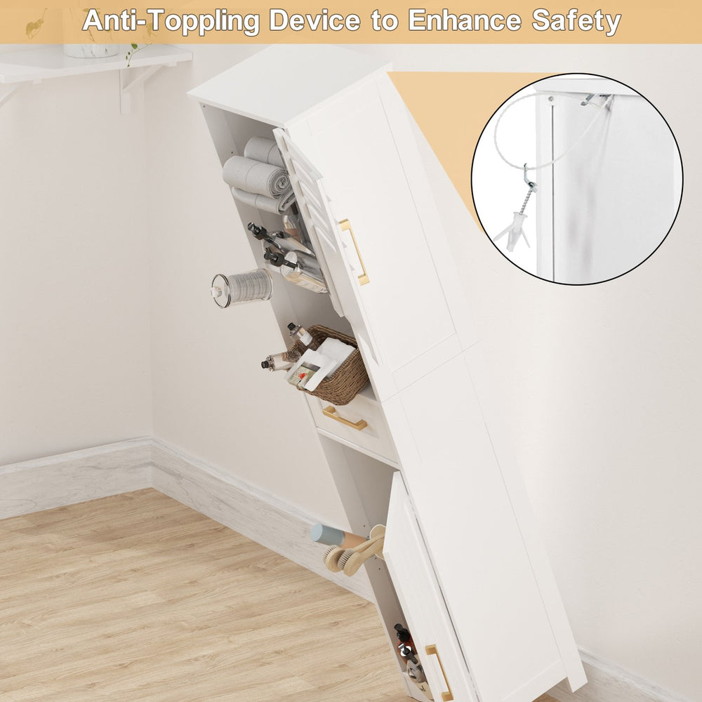English Elm Tall Bathroom Floor Storage Cabinet – Narrow 5-Shelf Slim Freestanding MDF Organizer with Drawer, Anti-Tip, 15x12x67" T3210P293446