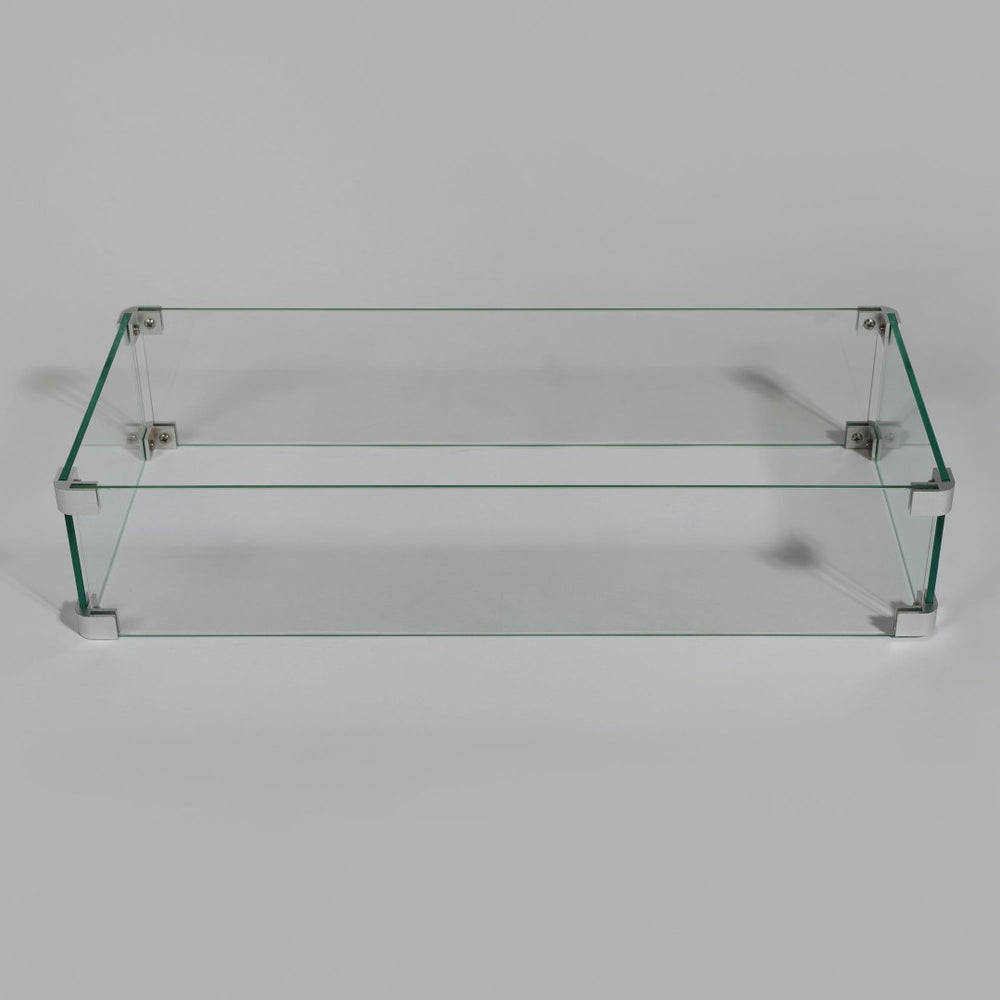 English Elm Rectangular Tempered Glass Fire Pit Wind Guard with Polished Aluminum Outdoor Patio Frame W853P206606