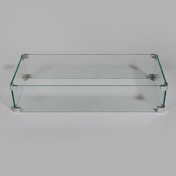 English Elm Rectangular Tempered Glass Fire Pit Wind Guard with Polished Aluminum Outdoor Patio Frame W853P206606