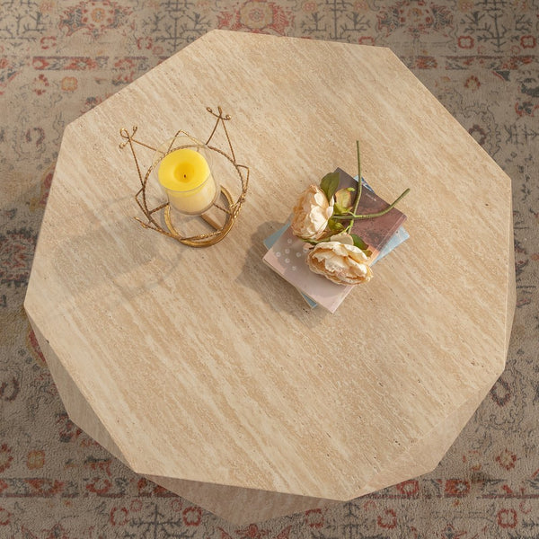English Elm Modern Farmhouse Drum Coffee Table Natural Wood Round MDF Top No-Assembly Rustic Accent Table, 39" x 20" W3081P254995