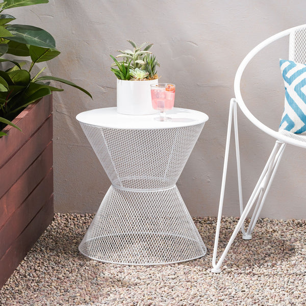 English Elm Christopher Knight Home® - NEVADA Side Table with Breezy Mesh Iron Design, Rounded Silhouette for Timeless Outdoor Living Space Matte White 65459.00WHI