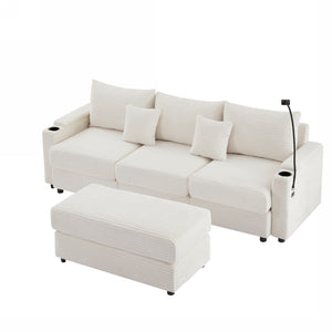 English Elm 95.3" Modular 3-Seater Sectional Sofa With Storage, Usb Ports, Cup Holders & Movable Ottoman, Beige N719S001612A