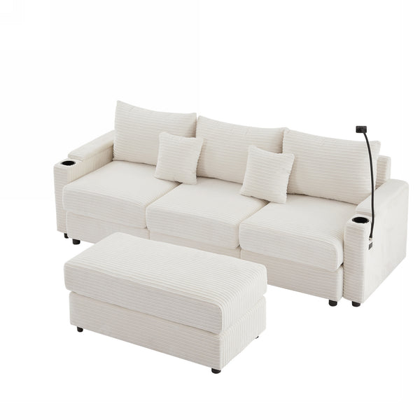 English Elm 95.3" Modular 3-Seater Sectional Sofa With Storage, Usb Ports, Cup Holders & Movable Ottoman, Beige N719S001612A