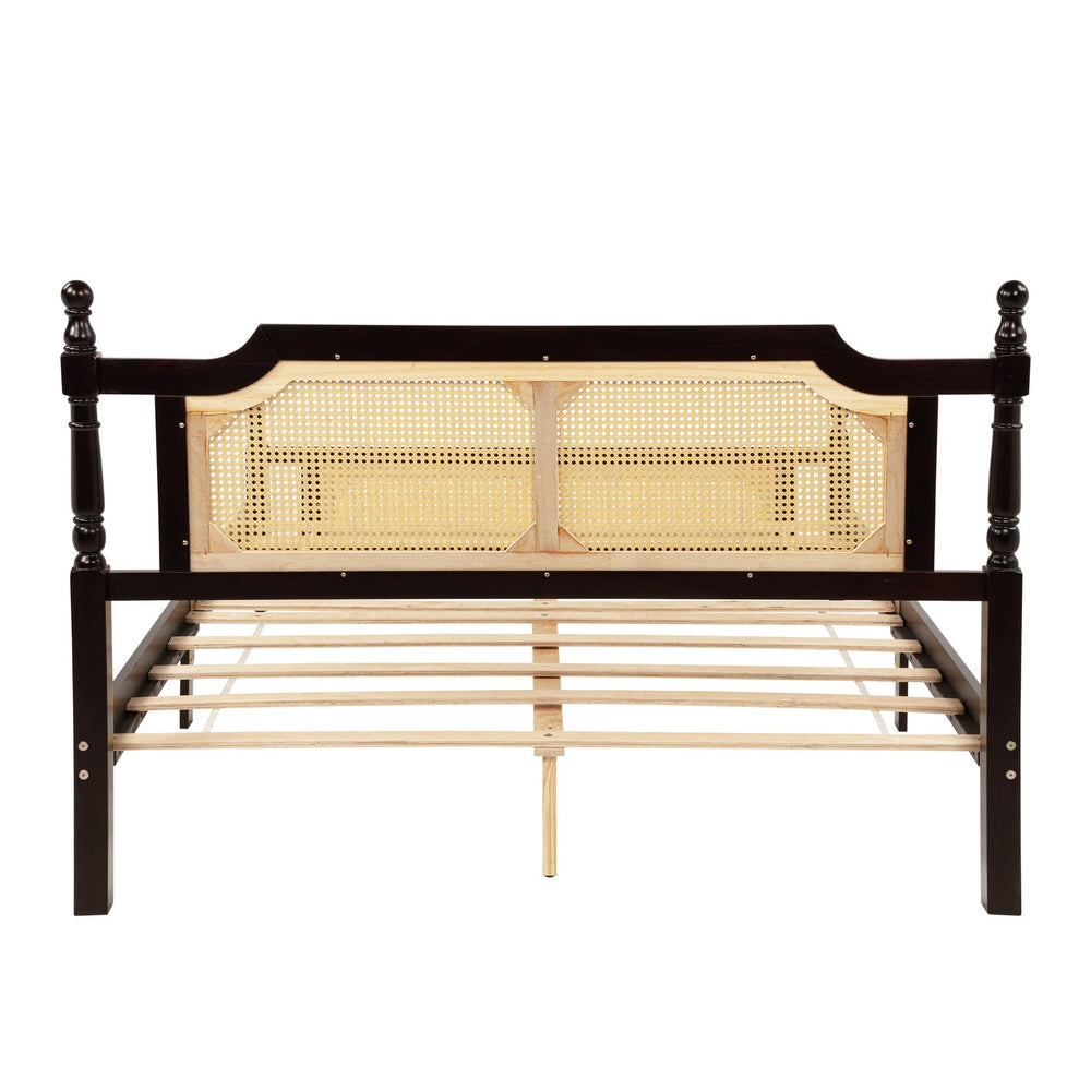 English Elm Queen Pine Rattan Bed in Espresso — Classic Pine Wood Queen Frame, Space-Saving Platform, 400lb Capacity W504P266746