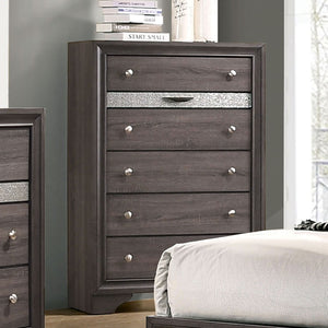 English Elm Gray Finish Contemporary Chest with Hidden Jewelry Drawer, Silver Knobs, Gleaming Bedroom Accent B2741P375930