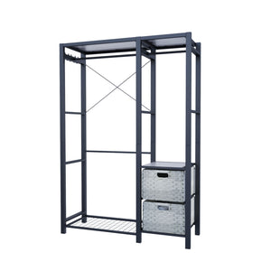 English Elm Acacia Wood Garment Rack with Shelves, 2 Wicker Drawers, 4 Hooks & 300lb Capacity — Light Gray W2391P290024