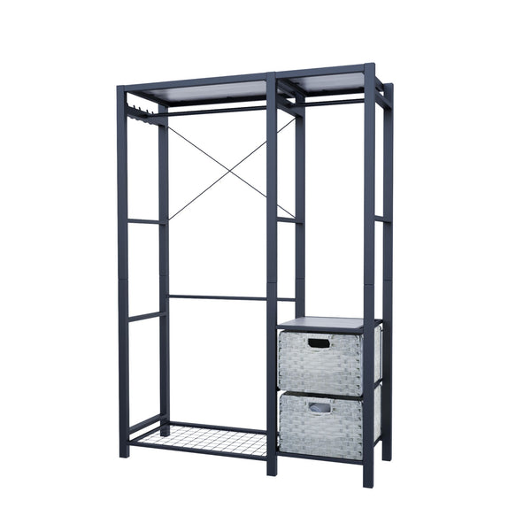 English Elm Acacia Wood Garment Rack with Shelves, 2 Wicker Drawers, 4 Hooks & 300lb Capacity — Light Gray W2391P290024