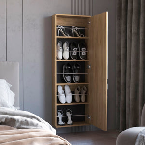 English Elm FM Queen Creek Shoe Rack with Mirrored Door, 5-Shelf Vertical Shoe Cabinet, Space-Saving Modern Oak Finish B128P293869