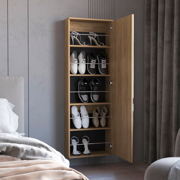 English Elm FM Queen Creek Shoe Rack with Mirrored Door, 5-Shelf Vertical Shoe Cabinet, Space-Saving Modern Oak Finish B128P293869