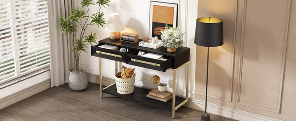 English Elm Trexm Retro Modern Console Table Two Drawers Geometric Matte Black Gold Entryway N715P227910B