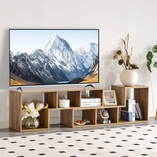 English Elm 2 Pieces Cube TV Stand with Adjustable 55–80" Length, Six Open Shelves, Modern Minimalist Storage and Durable MDF Design Natural Wood W3226P298393