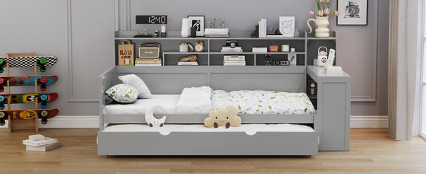 English Elm Wooden Twin Daybed with Trundle, Built-In Desk and Side Storage Shelves for Space-Saving Living Gray 54.4 L x 18 W x 5.6 H N733S242275E