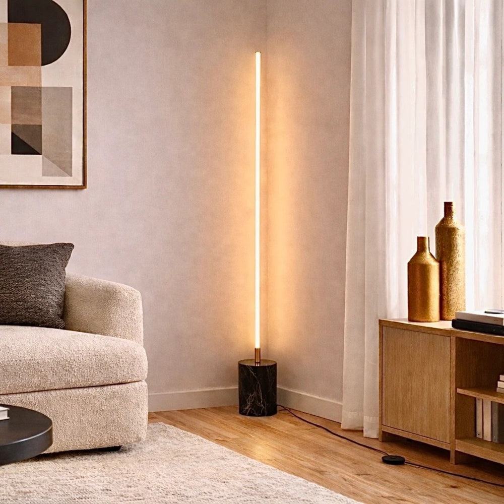 English Elm Prism Brassed Gold Led Floor Lamp with Faux Marble Base for Living Room Corners B183P230981