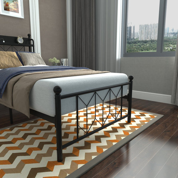 English Elm Twin Bed Frames with Storage Headboard, Built-In USB/Type-C Charging, LED Light, Space-Saving Design Black W2129P314785