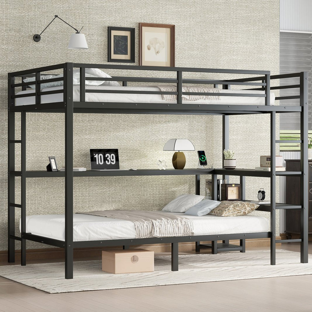 English Elm Full Over Twin Bunk Bed With Integrated Desk, Led Lighting & Usb Ports, Versatile Black Metal Design W1580S00127