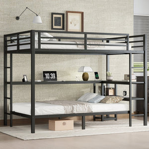 English Elm Full Over Twin Bunk Bed With Integrated Desk, Led Lighting & Usb Ports, Versatile Black Metal Design W1580S00127