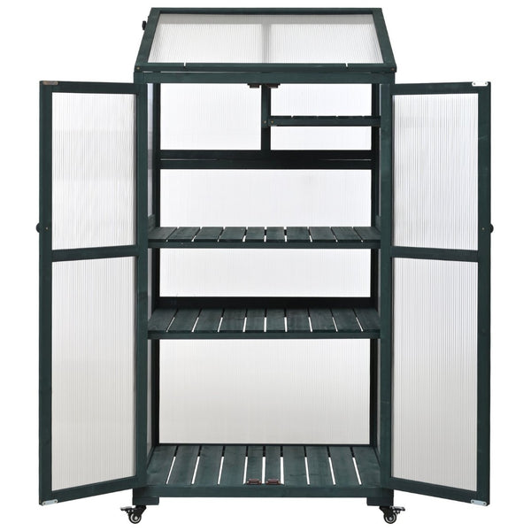English Elm Topmax Fir Wood Portable Greenhouse with Polycarbonate Panels Adjustable Shelves and Casters N717P221494F