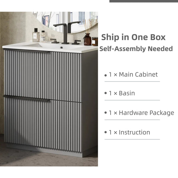 English Elm Christopher Knight Home® - 30" Fluted Gray Bathroom Vanity With Glossy Ceramic Sink & Soft-Close Drawers For Modern Spaces N817P288915G