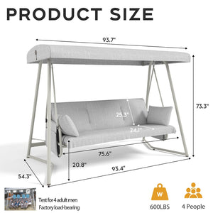 English Elm 3-in-1 Outdoor Hanging Swing Bed Steel Frame 600 Lb Capacity Adjustable Canopy Patio Lounger Champagne White W3979P394109