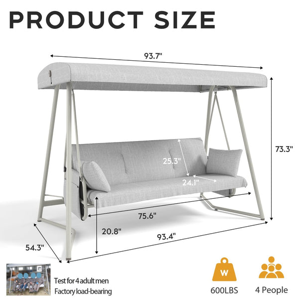 English Elm 3-in-1 Outdoor Hanging Swing Bed Steel Frame 600 Lb Capacity Adjustable Canopy Patio Lounger Champagne White W3979P394109
