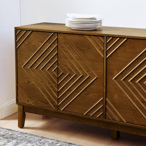English Elm 60.5'' Buffet Cabinet with Fluted Geometric Doors, Mid-Century Sideboard with Adjustable Shelves & Outlet Holes Walnut Brown W1801P288506