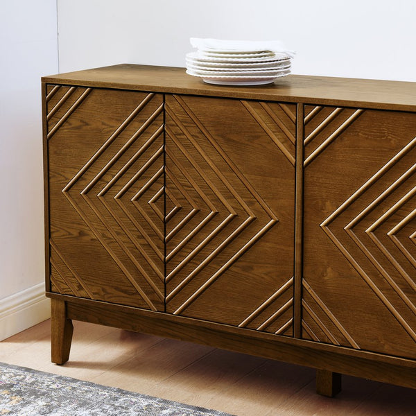 English Elm 60.5'' Buffet Cabinet with Fluted Geometric Doors, Mid-Century Sideboard with Adjustable Shelves & Outlet Holes Walnut Brown W1801P288506